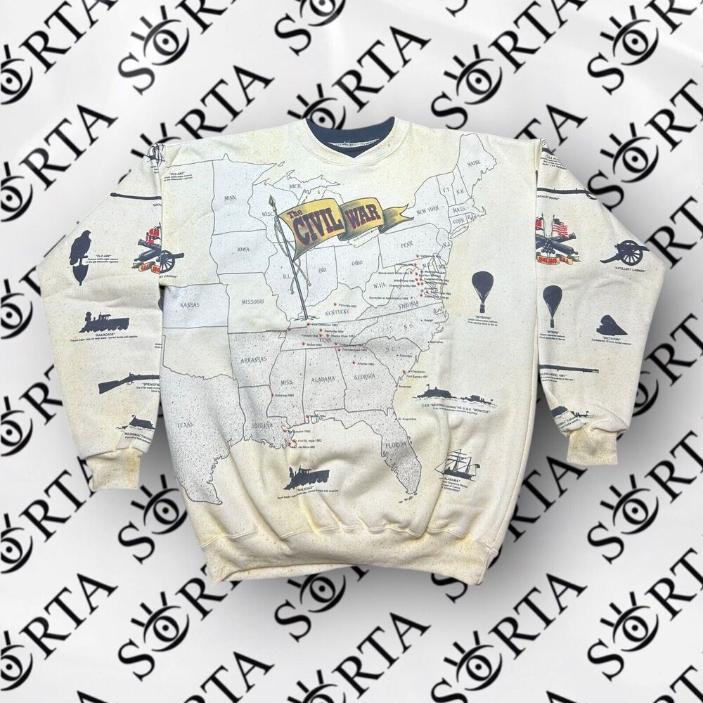 VTG 90s American Civil War History Crewneck Pullover Sweatshirt Size 2XL USA Map